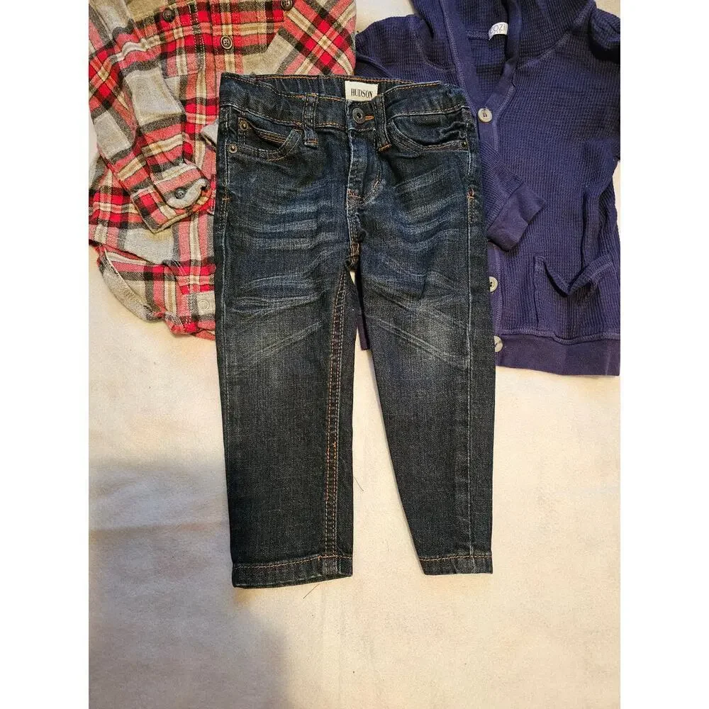 3 pieces - 18m Hudson jeans, 18m Osh Kosh flannel onesie, 12-18m cozii top